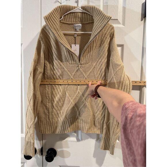 NWT SNDYS Jax Knit Cable Knit 1/4 Zip Up Cropped Cream Top Sweater Women’s L - Picture 10 of 16